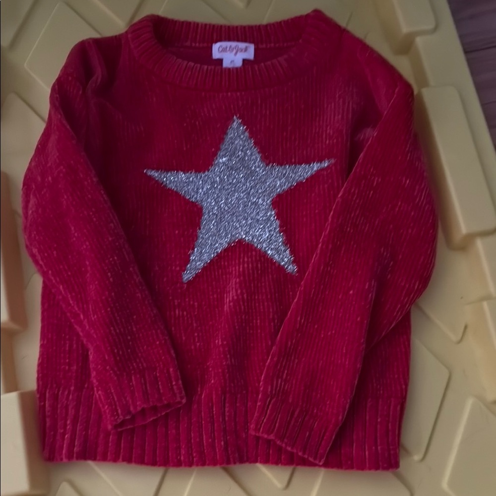 Cat & Jack Cozy Red Sweater with Silver Star Design